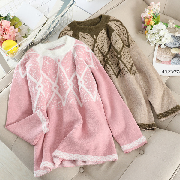 Pulover dama casual model larg in roz, verde si maro