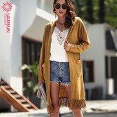 Μακρύ casual γυναικεία ζακέτα με τσέπες και κρόσσια σε τέσσερα χρώματα