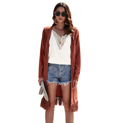 Μακρύ casual γυναικεία ζακέτα με τσέπες και κρόσσια σε τέσσερα χρώματα