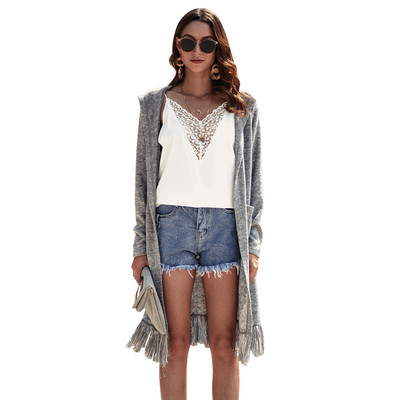 Μακρύ casual γυναικεία ζακέτα με τσέπες και κρόσσια σε τέσσερα χρώματα