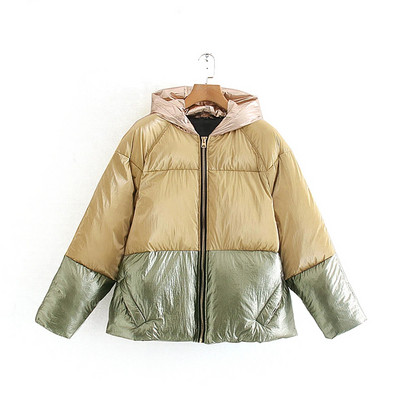 Geaca de iarna moderna cu fermoar si gluga de culoare galben-verde