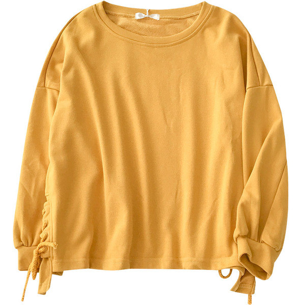 Μοντέρνα γυναικεία μπλούζα με ωοειδές λαιμόκοψη και κορδόνια σε κίτρινο και ροζ χρώμα