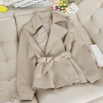 Νέο μοντέλο έκο δερμάτινο γυναικείο μπουφάν με ζώνη σε διάφορα χρώματα