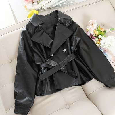 Νέο μοντέλο έκο δερμάτινο γυναικείο μπουφάν με ζώνη σε διάφορα χρώματα