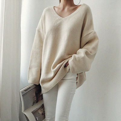 Pulover de iarnă de damă cu decolteu în V în negru, roz și bej