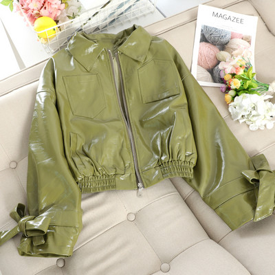 Έκο δερμάτινο γυναικείο μπουφάν με κορδέλες στα μανίκια σε διάφορα χρώματα