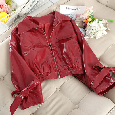 Έκο δερμάτινο γυναικείο μπουφάν με κορδέλες στα μανίκια σε διάφορα χρώματα