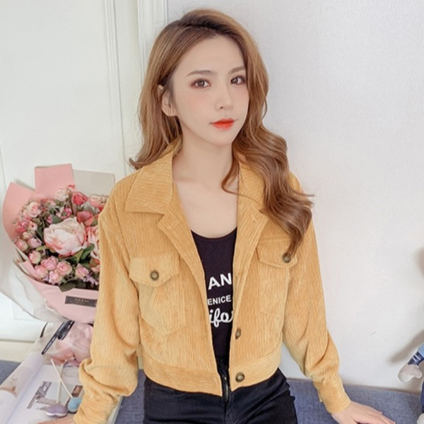 Modern női őszi kabát sárga és rózsaszín gombokkal