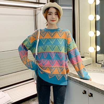 Pulover de damă modern cu decolteu O și model în alb și albastru