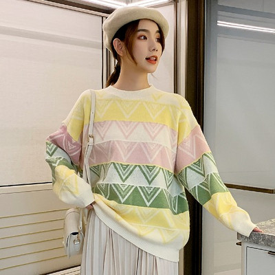 Pulover de damă modern cu decolteu O și model în alb și albastru