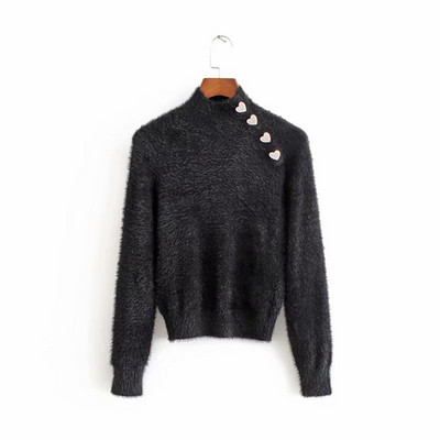 Pulover moale cu guler înalt în alb și negru cu nasturi