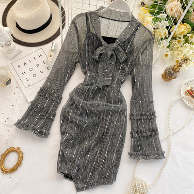 Rochie moderna de dama cu panglica si decolteu spitz in trei culori