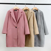 Palton lung de dama modern model simplu cu nasture roz, maro si gri