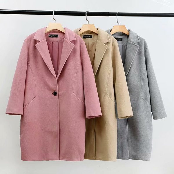 Palton lung de dama modern model simplu cu nasture roz, maro si gri
