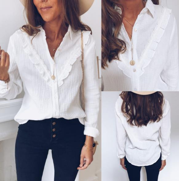 Cămașă casual de damă cu nasturi și mâneci lungi de culoare albă