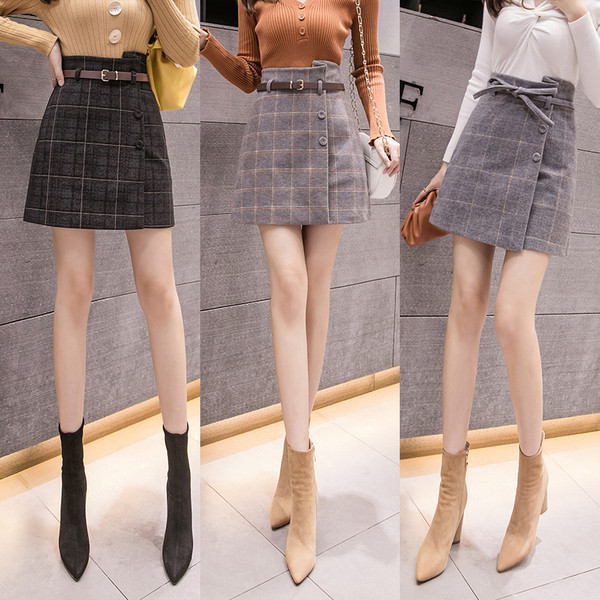Új modell kockás női szoknya övvel és gombokkal szürke és fekete színben