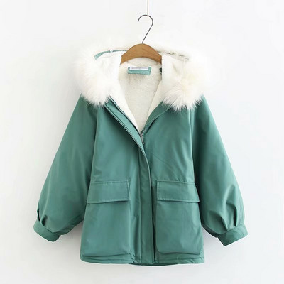 Jachetă scurtă de damă modernă, cu buzunare și puf, în verde, bej și negru