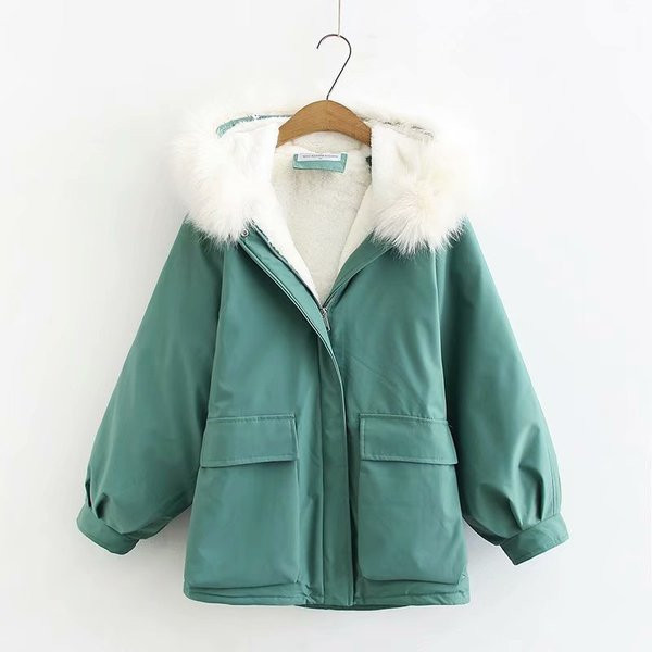 Jachetă scurtă de damă modernă, cu buzunare și puf, în verde, bej și negru