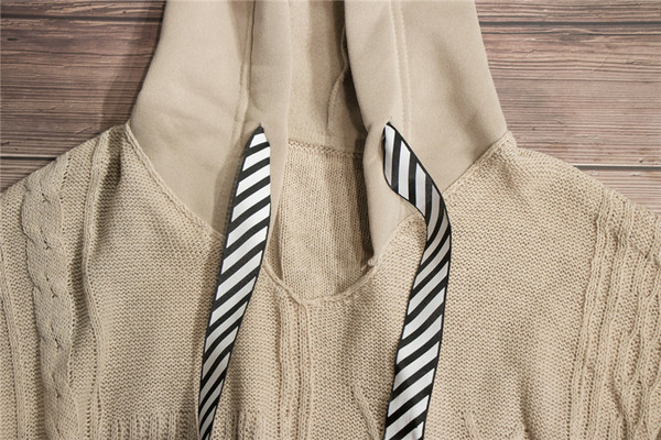 Pulover casual de dama cu gluga si cravate in bej