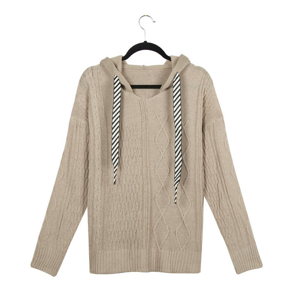 Pulover casual de dama cu gluga si cravate in bej