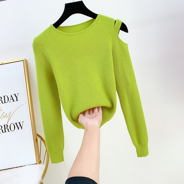 Pulover de damă modern cu umărul gol în verde