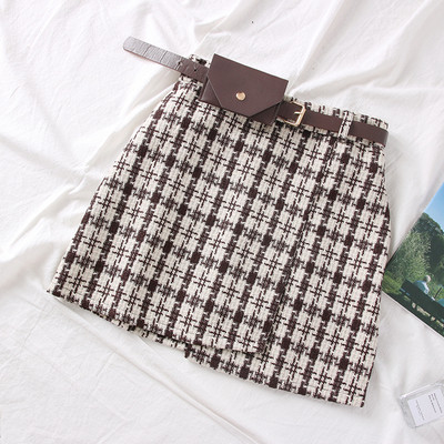 Modern női kockás szoknya barna, fekete és szürke övvel