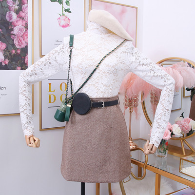 Bluză de damă modernă din dantelă cu guler polo înalt în negru, alb, roz, verde și roșu