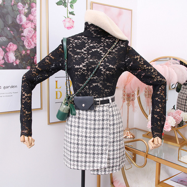 Bluză de damă modernă din dantelă cu guler polo înalt în negru, alb, roz, verde și roșu