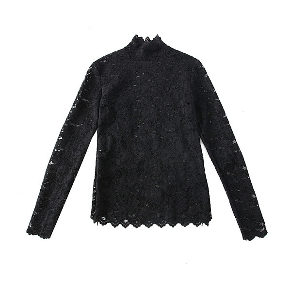 Bluză de damă modernă din dantelă cu guler polo înalt în negru, alb, roz, verde și roșu