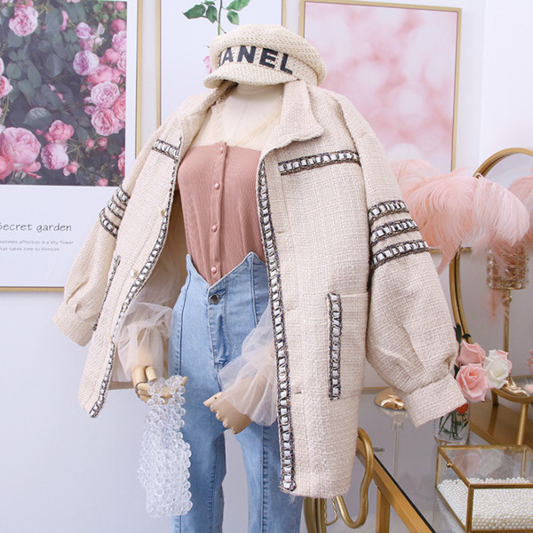 Palton modern de dama cu buzunare in bej si albastru