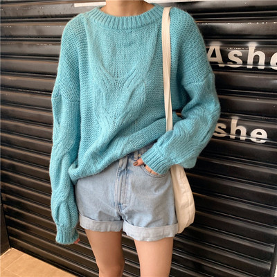 Χειμερινό γυναικέιο πουλόβερ με στρογγυλό ντεκολτέ σε μπλε, λευκό και πορτοκαλί χρώμα