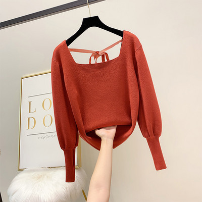 Γυναικείο πουλόβερ με τετράγωνη λαιμόκοψη και κορδόνια σε τέσσερα χρώματα