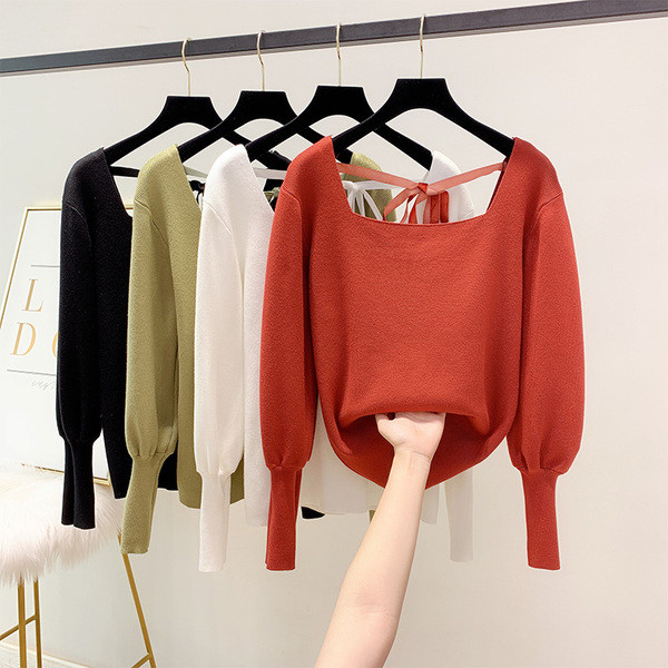 Γυναικείο πουλόβερ με τετράγωνη λαιμόκοψη και κορδόνια σε τέσσερα χρώματα