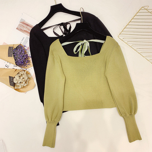 Γυναικείο πουλόβερ με τετράγωνη λαιμόκοψη και κορδόνια σε τέσσερα χρώματα