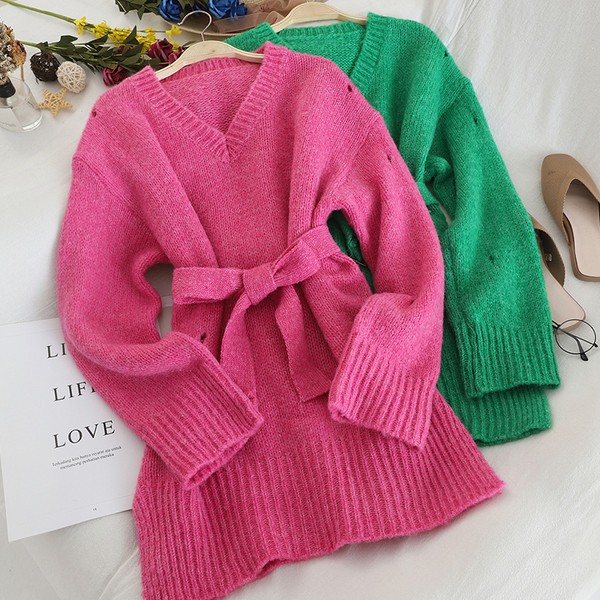 Pulover lung de dama cu curea in diferite culori