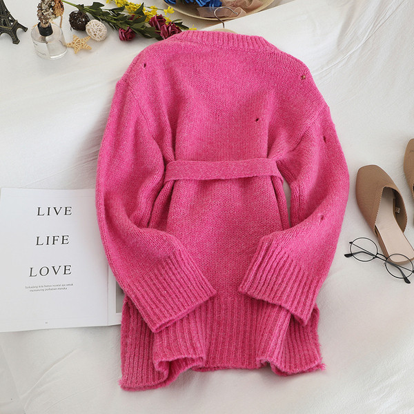 Pulover lung de dama cu curea in diferite culori