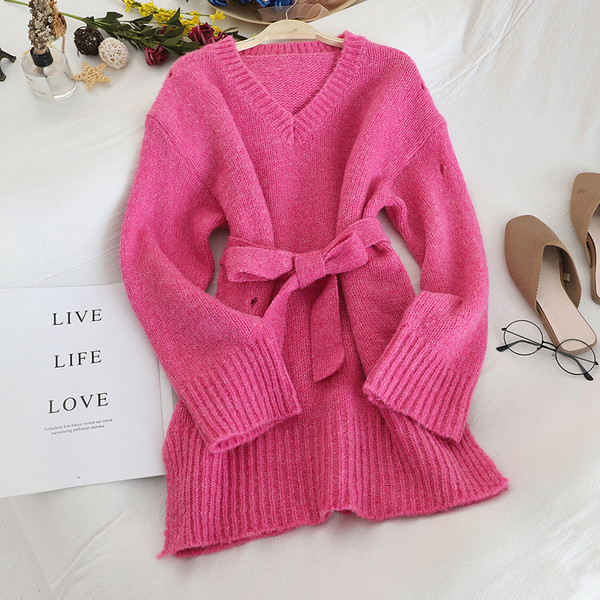 Pulover lung de dama cu curea in diferite culori