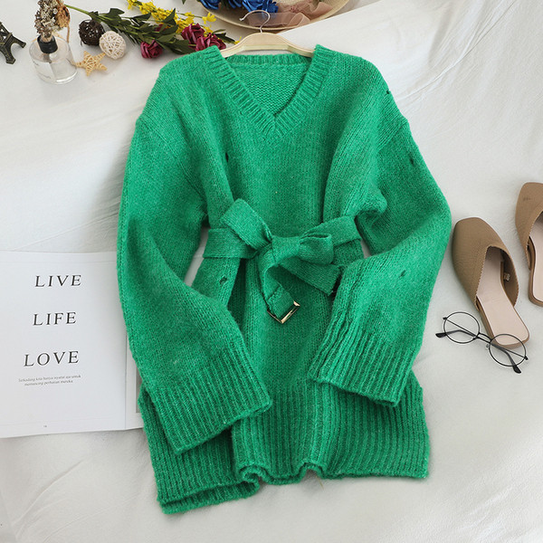 Pulover lung de dama cu curea in diferite culori