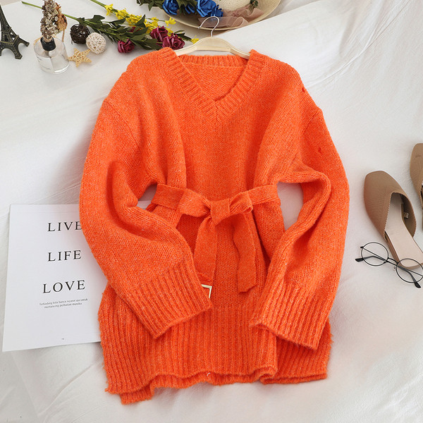 Pulover lung de dama cu curea in diferite culori