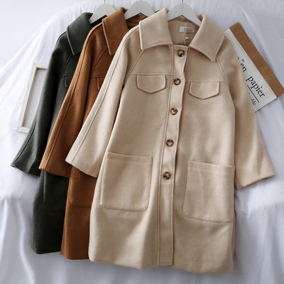 Модерно дамско дълго палто с копчета и джоб в няколко цвята