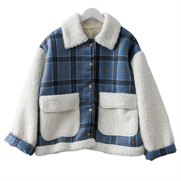 Palton scurt de dama in carouri moderna cu buzunar in doua culori