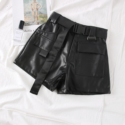 Pantaloni scurti de dama model nou din piele ecologica si curea verde si negru