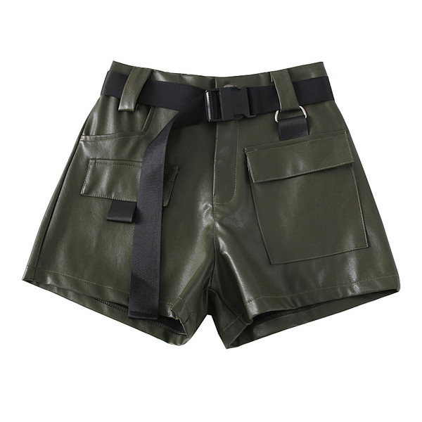 Pantaloni scurti de dama model nou din piele ecologica si curea verde si negru