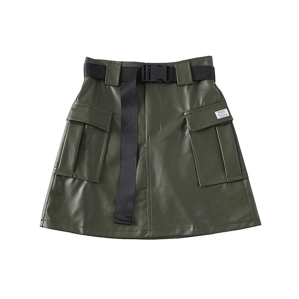 Fusta de dama actuala cu buzunare si curea din piele ecologica in verde si negru