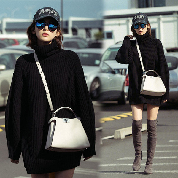 Pulover de iarnă de damă modern cu guler polo înalt în negru și gri