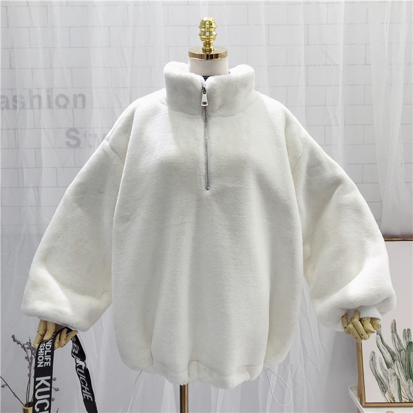 Hanorac de damă din puf model larg cu fermoar în culoarea roz și alb