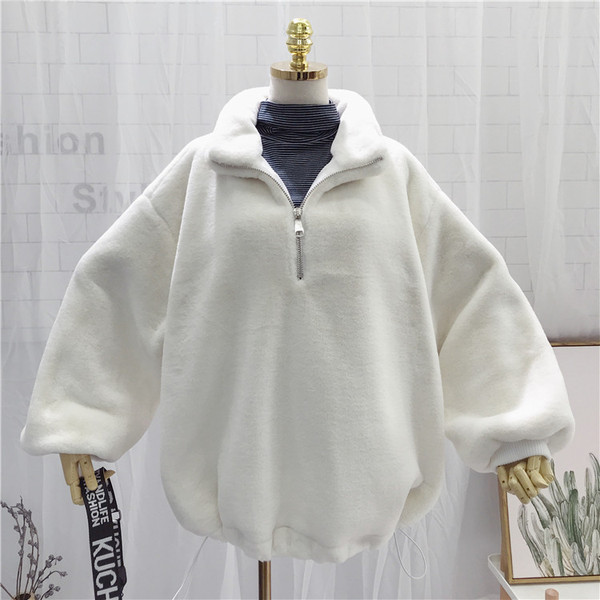 Hanorac de damă din puf model larg cu fermoar în culoarea roz și alb