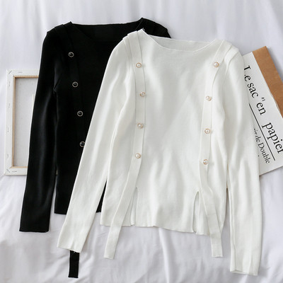 Bluză casual de damă cu perle în alb și negru