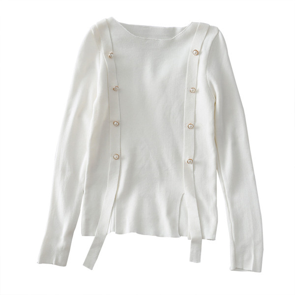 Bluză casual de damă cu perle în alb și negru