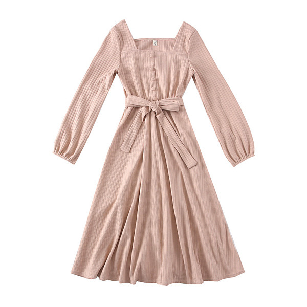 Rochie moderna de dama cu nasturi si decolteu patrat in roz, bej, albastru, rosu si negru